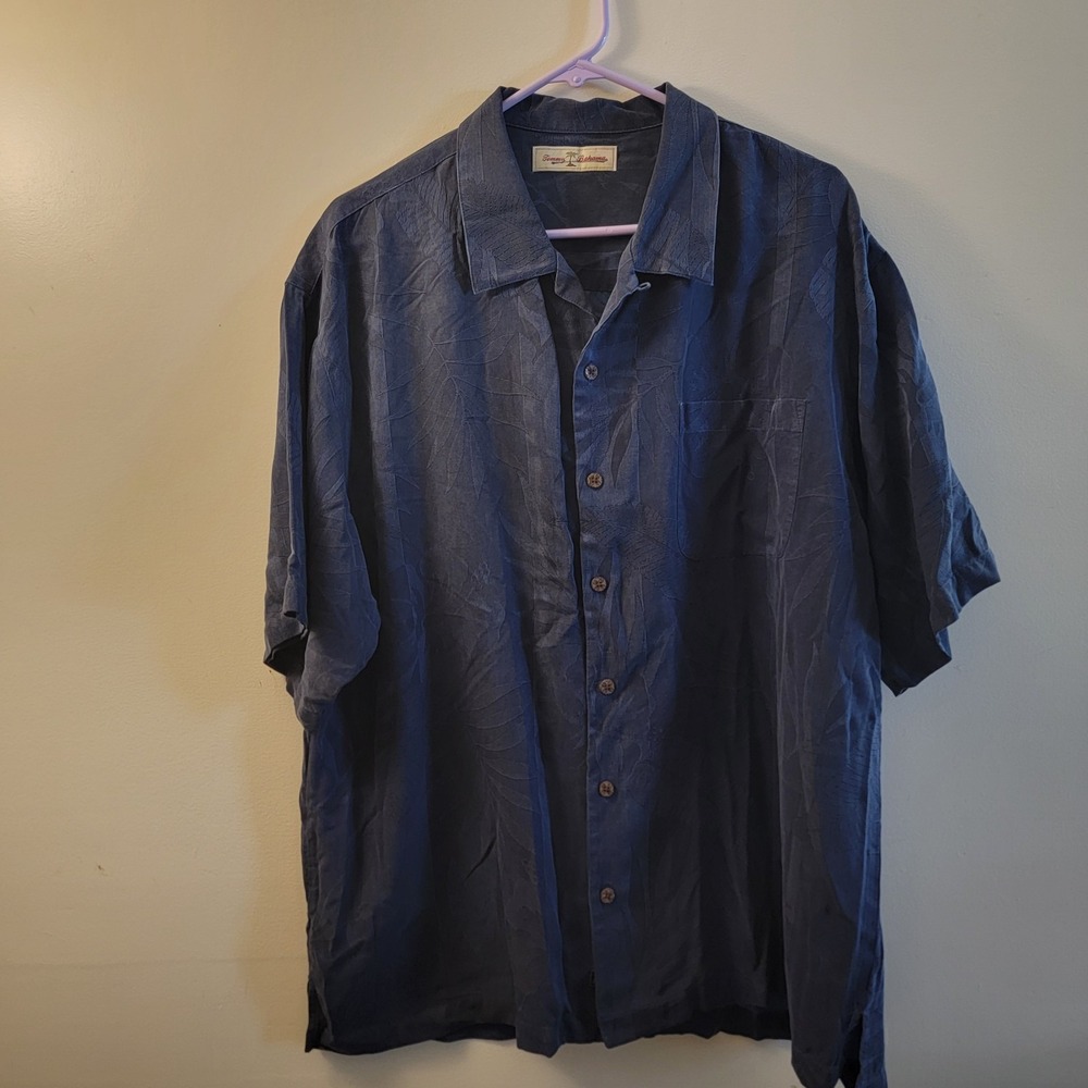 Tommy Bahama Shirt Mens Extra Large Navy Blue Silk Embroidered Tropical Leaf